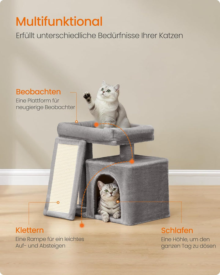 Feandrea Kratzbaum klein, Katzenbaum mit Kratzrampe und grosser Plattform, Katzenkratzbaum mit Höhle
