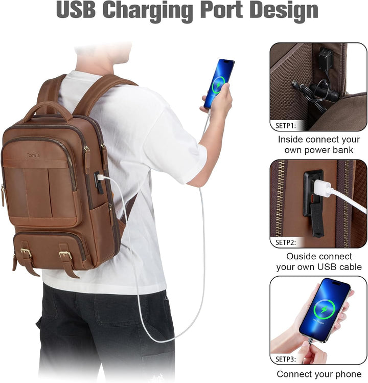Tzowla Lederucksack Herren,Tasche für Damen Echtleder,Laptop Rucksack für Business und Arbeit für 15