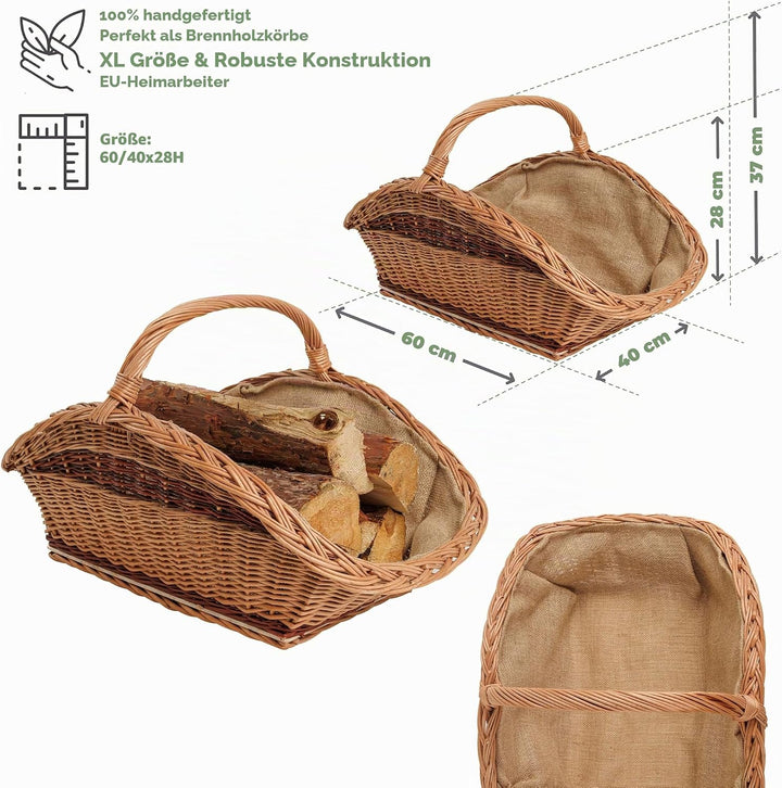 BOGATECO Weidenkorb mit Henkel, rechteckig | Kaminkorb 60x40x28 | Handgewebt, massiv | Holzkorb mit