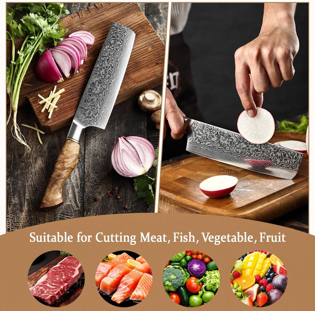HEZHEN 18CM Japanischer Stil Damast Nakirimesser, Küchenmesser 67 Schicht Damaskus Stahl Kochmesser,
