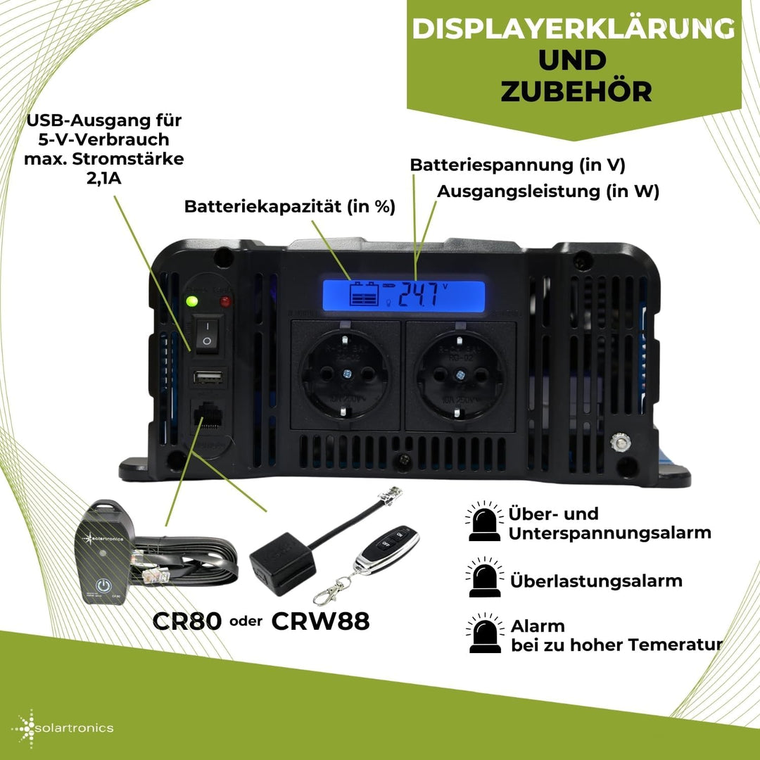 solartronics Spannungswandler FS1500D 24V 1500/3000 Watt Reiner Sinus BLAU m. Display FS Serie LiFeP