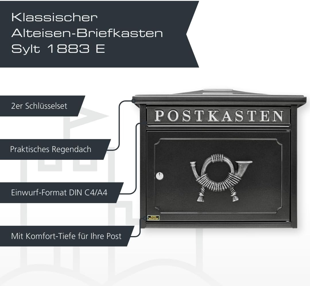 BURG-WÄCHTER Klassischer Briefkasten ohne Zeitungsfach und Namensschild, Verzinkter Stahl, Einwurf-F