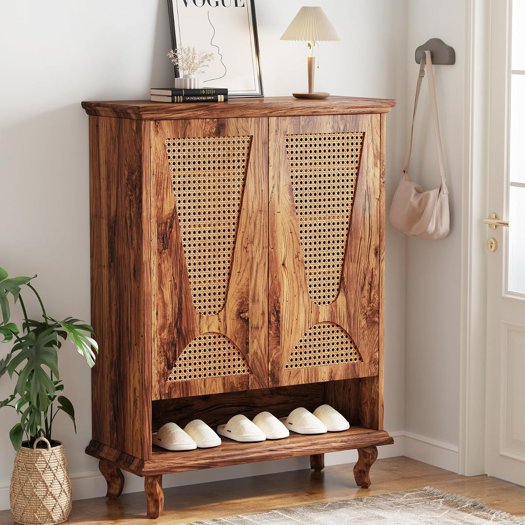 Tribesigns Rattan-Schuhschrank mit 2 Türen, 75x 37x 110cm, Schuhkipper schmal,7-stöckig Schuhregal f