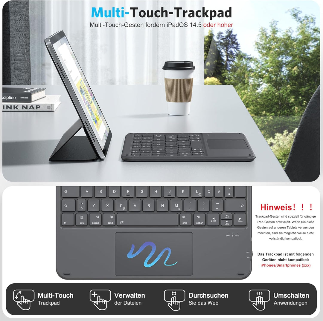 Emetok Deutsche Bluetooth Tastatur für iPad 11(11.Gen)/10.9(10.Gen)/10.2(9-7.Gen)/Pro 13/11/12.9, QW
