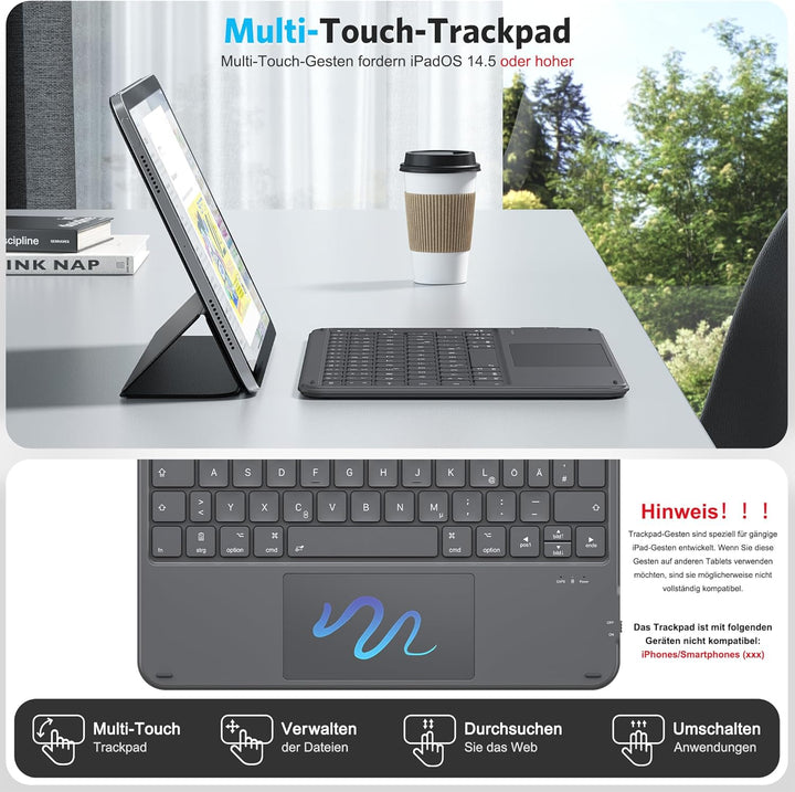 Emetok Deutsche Bluetooth Tastatur für iPad 11(11.Gen)/10.9(10.Gen)/10.2(9-7.Gen)/Pro 13/11/12.9, QW