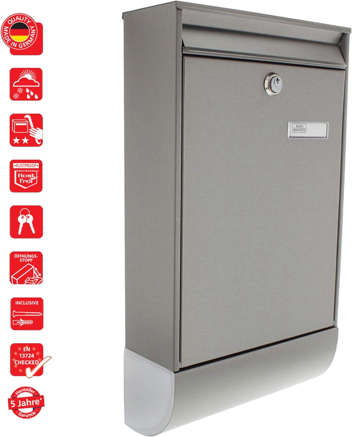 Burg-Wächter Briefkasten mit Zeitungsfach und Namensschild, Rostfreier Edelstahl, Einwurf-Format DIN