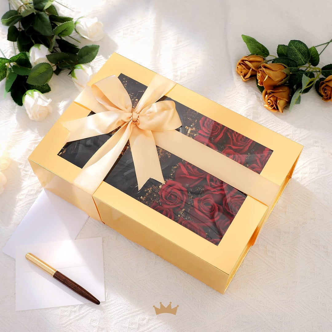 PACKQUEEN 5 grosse goldene Geschenkboxen mit Fenster, 34,9 x 22,9 x 10,4 cm, transparente Geschenkbo