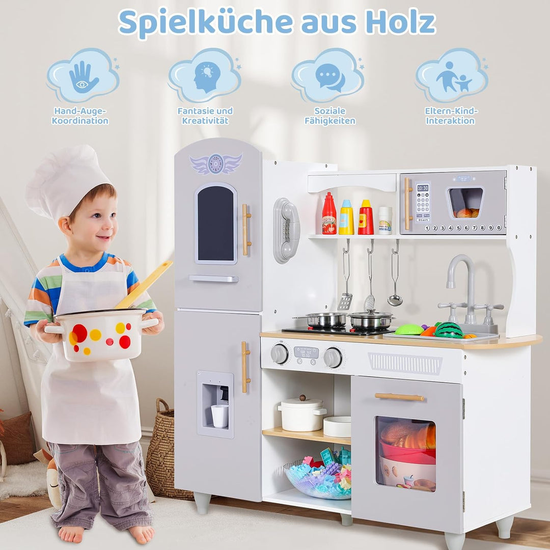 MAMIZO Kinderküche für Kinder, Puppenküche Holz, Spielküche mit Licht und Sound, Spielzeugküche mit