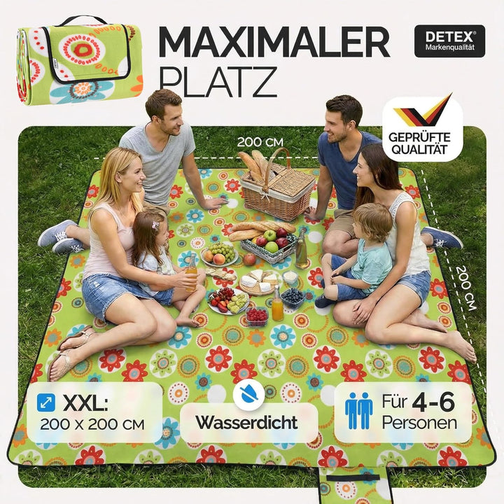 DETEX® Picknickdecke Campingdecke XXL 200x200 cm Wasserdicht Wärmeisoliert Waschbar Fleece Faltbar f