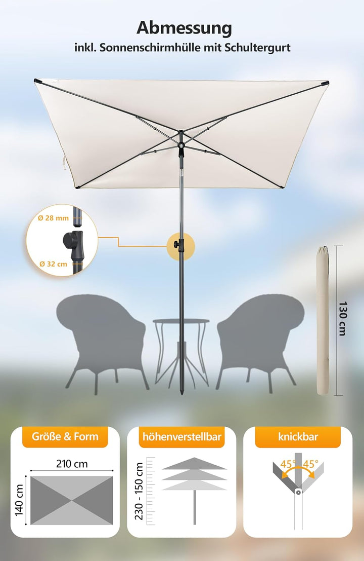 4smile Sonnenschirm Balkon im Set – Sonnenschirm rechteckig 210×140 cm, UV 50+ Sonnenschutz Balkon,