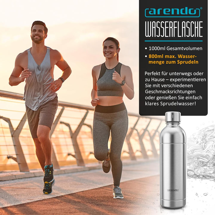 Arendo - Wassersprudler 1000 ml Wasserflasche BPA frei – Edelstahl – Ersatz - kein Plastik - Soda Ma