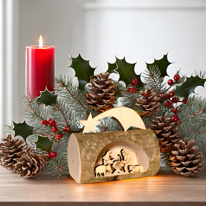 Kaltner Präsente Geschenkidee - Weihnachten Krippe aus Holz mit Jesus, Maria und Kind in einem Baums