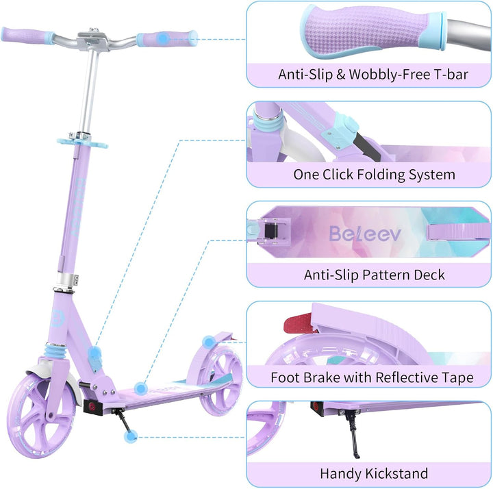 BELEEV Big Wheel Scooter mit LED Leuchtenden Lenksäule, Deck, Höhenverstellbar, ABEC-9, 200mm Räder,