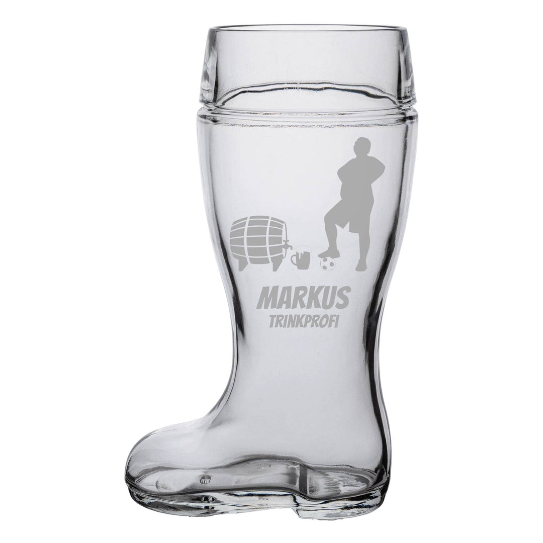 Bierstiefel mit Gravur, Bierglas mit 1,0 Liter Füllstrich, Personalisiertes Glas mit Name & Fussball