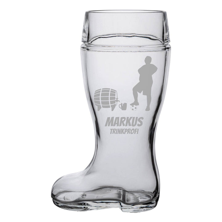 Bierstiefel mit Gravur, Bierglas mit 1,0 Liter Füllstrich, Personalisiertes Glas mit Name & Fussball