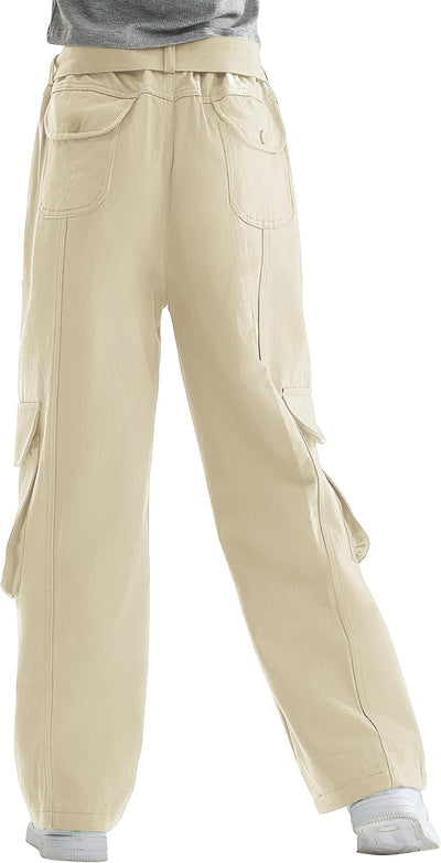 Rolanko Mädchen Baggy Cargo Hose, Elastisch Hohe Taille Gerade Weites Bein Streetwear Hose mit Mehre