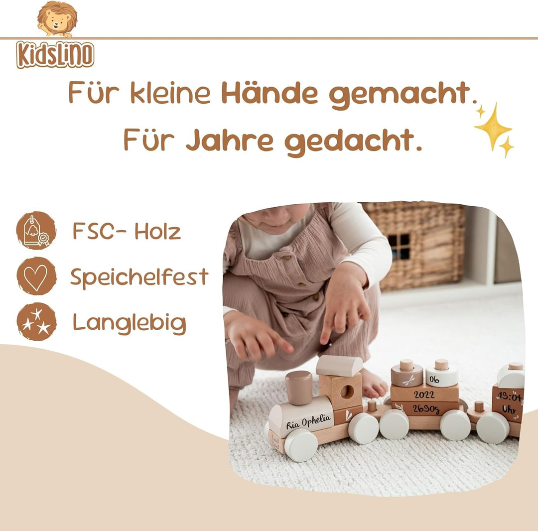 Personalisierte Holzeisenbahn Nougat – Personalisierte Geschenke Baby I Steckspielzeug I Geschenk zu