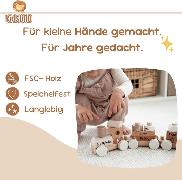 Personalisierte Holzeisenbahn Nougat – Personalisierte Geschenke Baby I Steckspielzeug I Geschenk zu