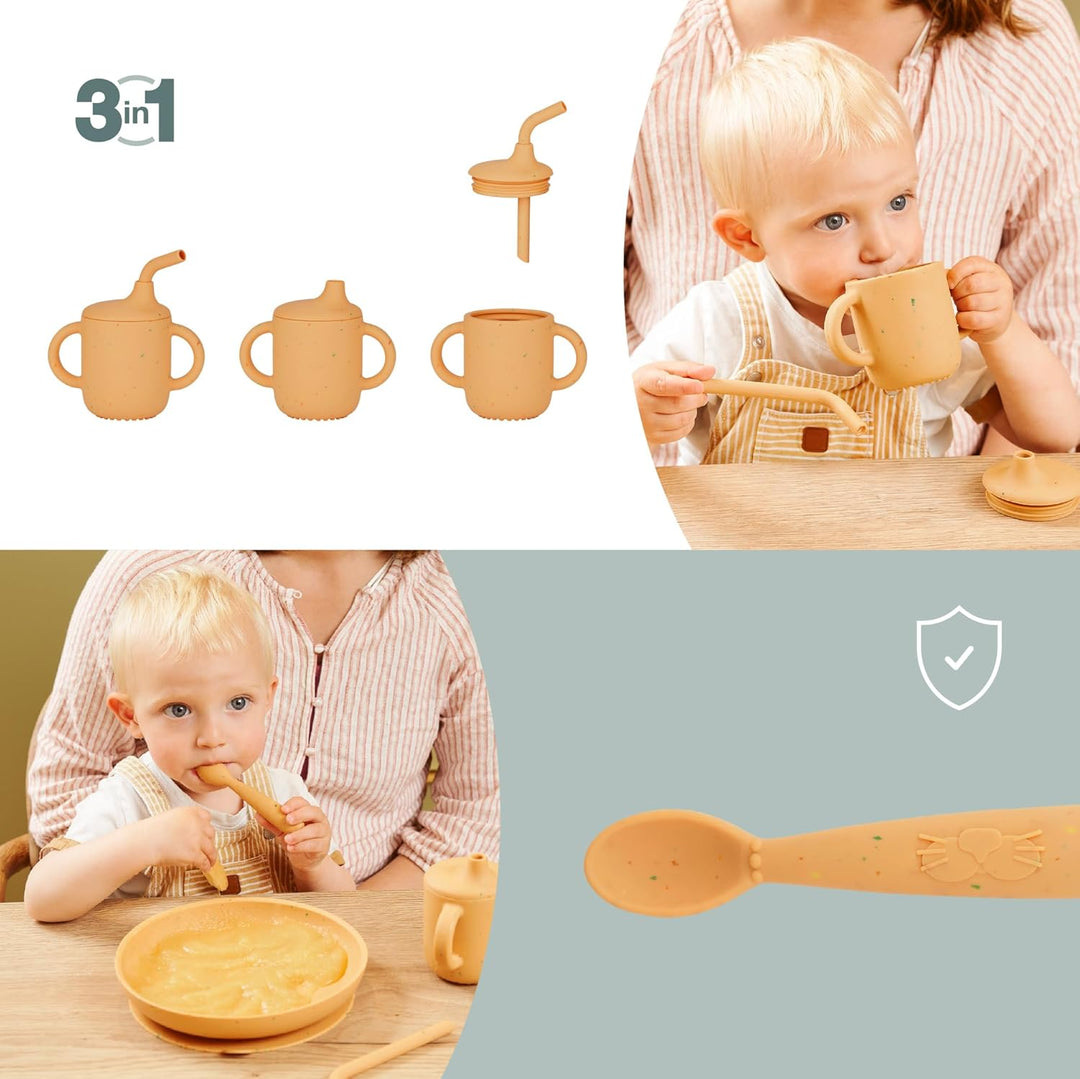 Babymoov Baby Geschirrset Little Arty - ab 9 Monate - 3er Set Silikon, Trinklernbecher, Teller mit S