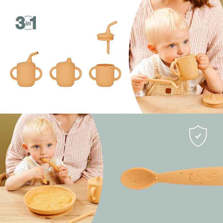 Babymoov Baby Geschirrset Little Arty - ab 9 Monate - 3er Set Silikon, Trinklernbecher, Teller mit S