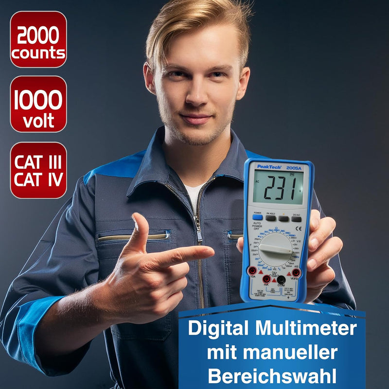 PeakTech 2005 A – Digital Multimeter mit 2.000 Counts, Digitales Messgerät für Spannungs - & Stromme