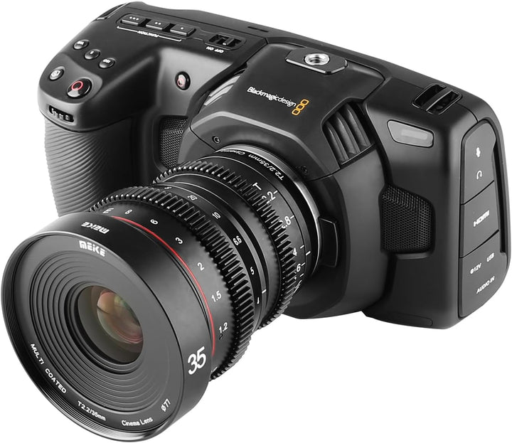 MEKE 35mm T2.2 grosse Blende, manueller Fokus, niedrige Verzerrung, 4K Mini-Cine-Objektiv für Micro