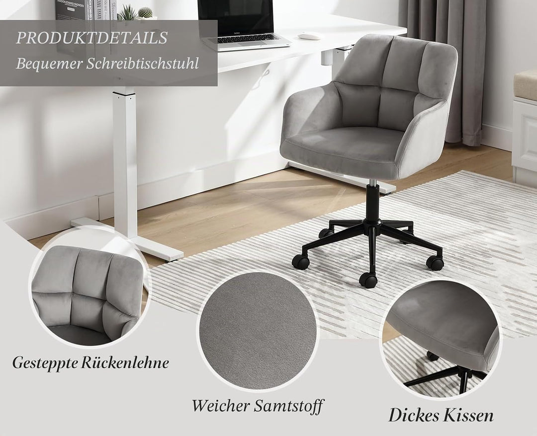 Bürostuhl Samt mit Rollen, Drehstuhl höhenverstellbar Schreibtischstuhl Dicker Rückenlehne Homeoffic
