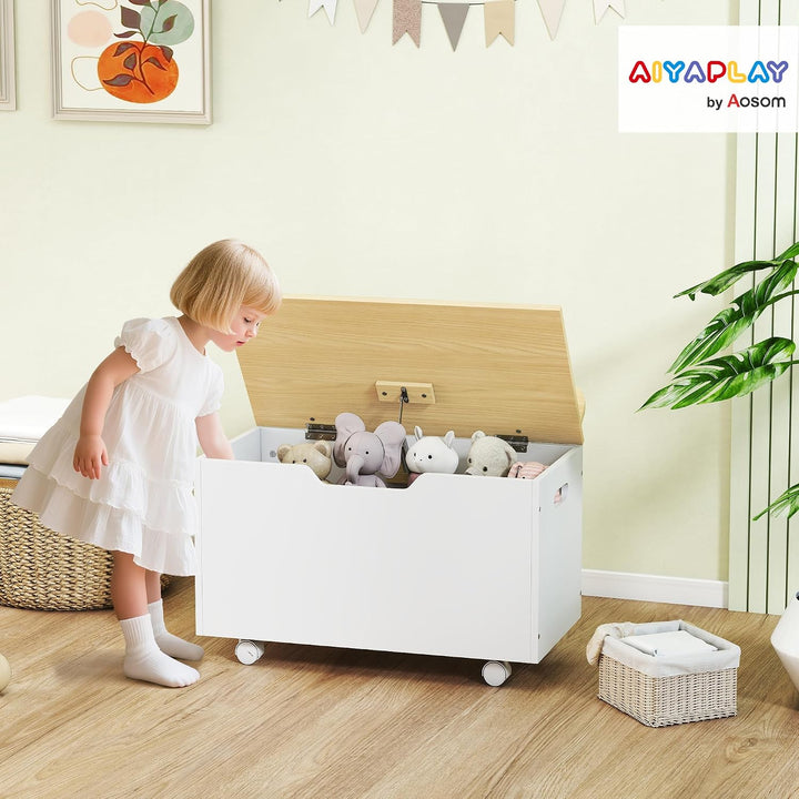 AIYAPLAY Kinderspielzeugtruhe auf Rollen, Kinderaufbewahrungsbox mit Klappdeckel, Sicherheitsscharni