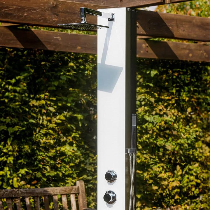 IDEAL Solardusche TOBAGO mit weisser Glasfront Edelstahl V2A poliert | Aluminium Wassertank 25 l | K