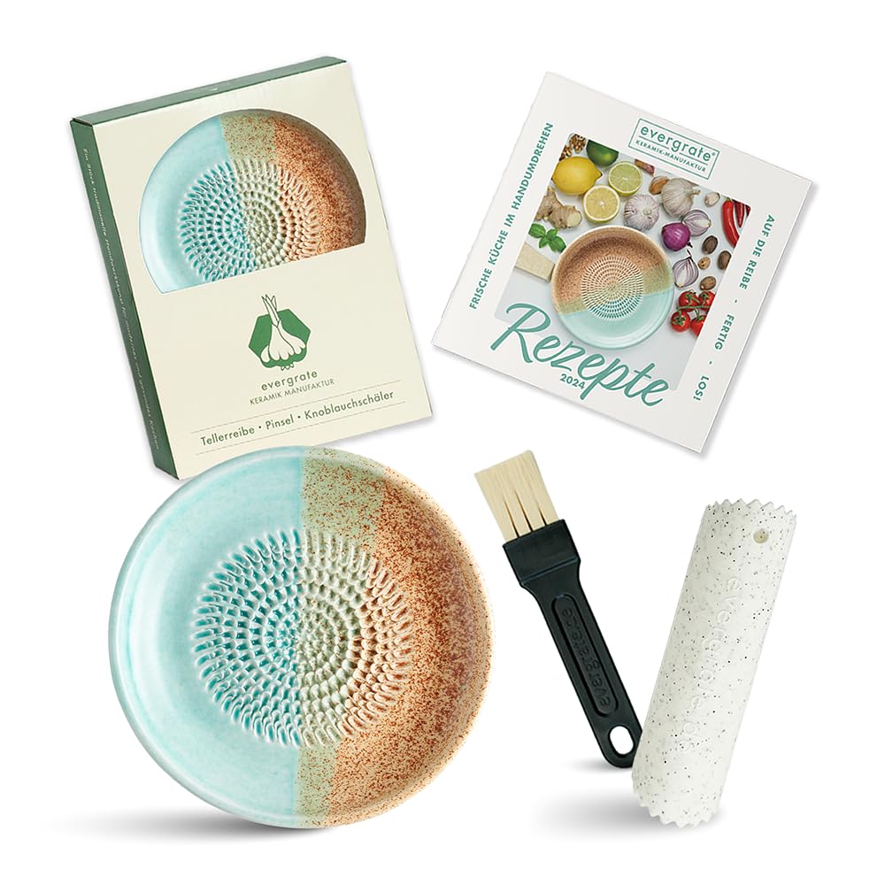 Evergrate® Keramikreibe Beach mit Geschenkbox – mit Reibe, Knoblauchschäler, Rezeptheft & Pinsel – H
