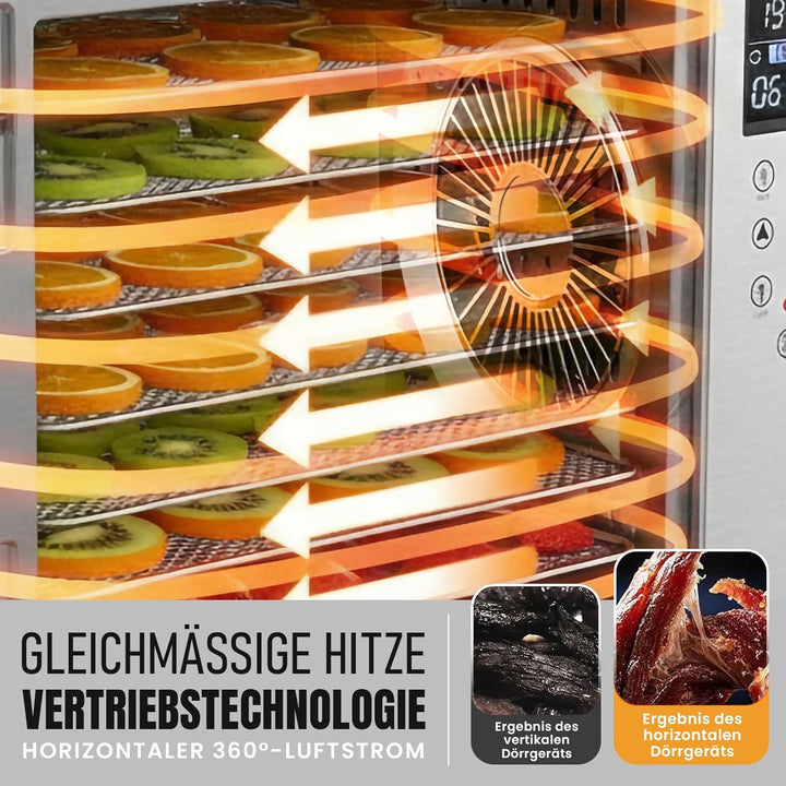 Dörrautomat Edelstahl, Dörrgerät & Food Dehydrator, 6 Dörrtabletts, 500W, LED-Display, 30–90°C, 24h