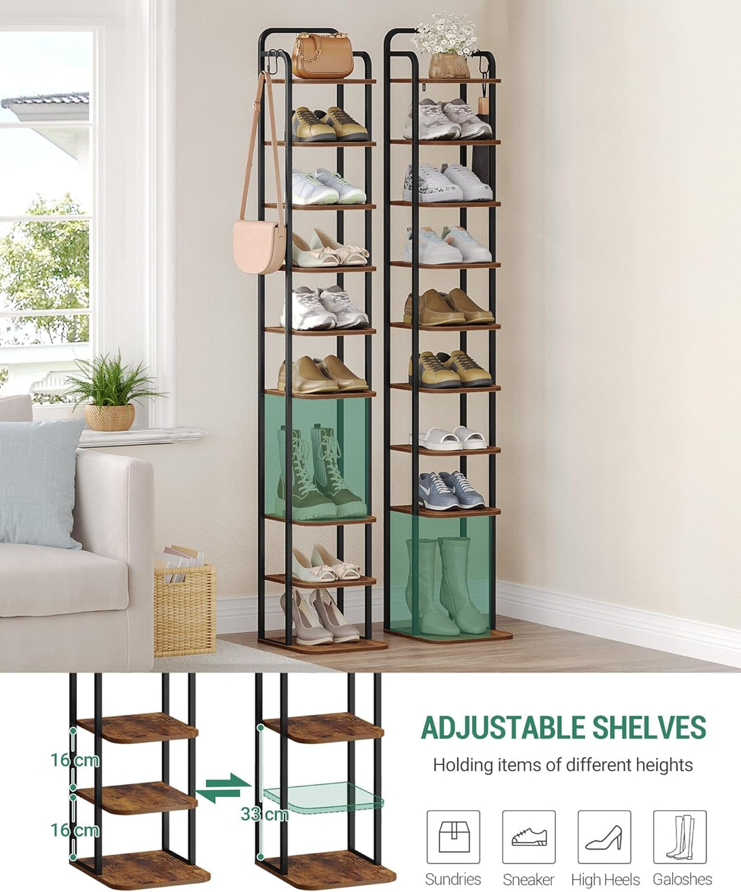 Hzuaneri Vertikales Schuhregal, 10-Stockige Schuhregale, Schuhturm für kleine Räume, Freistehend, Ve