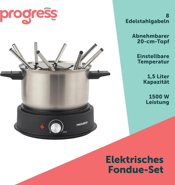 Progress Elektrischer Fondue-Maker – Enthält 8 Edelstahlgabeln und abnehmbaren 20 cm Topf, herzhaft
