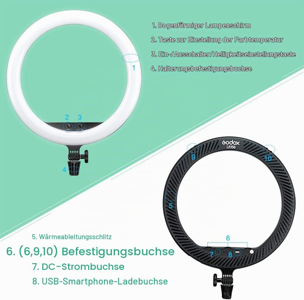 Godox LR150 LED-Ringlicht-Kit 18 Zoll 38W zweifarbig 3000K-6000K Selfie-Ringlicht Diammable CRI 90+,