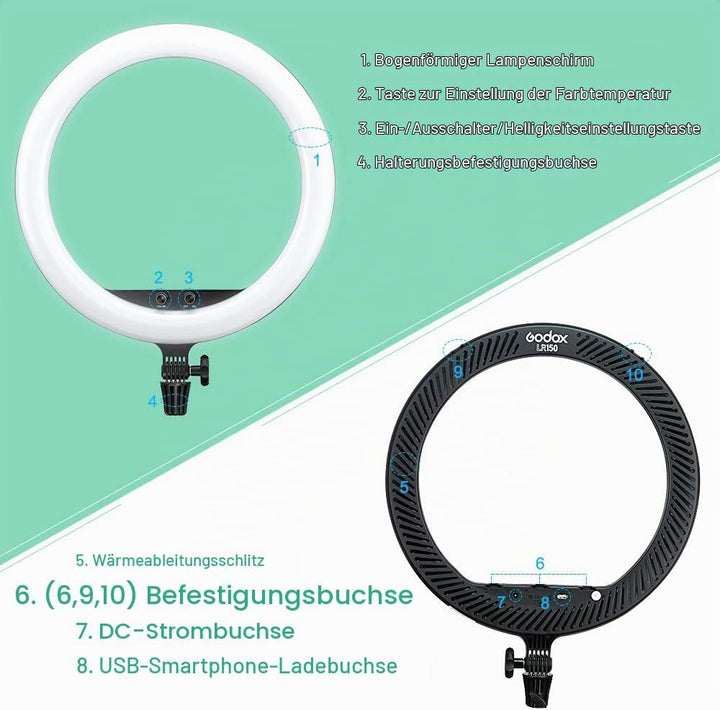 Godox LR150 LED-Ringlicht-Kit 18 Zoll 38W zweifarbig 3000K-6000K Selfie-Ringlicht Diammable CRI 90+,