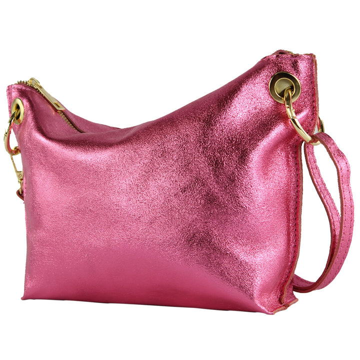 modamoda de - T243 - ital. Umhängetasche Klein Small aus Leder Candy Pink Metallic, Candy Pink Metal