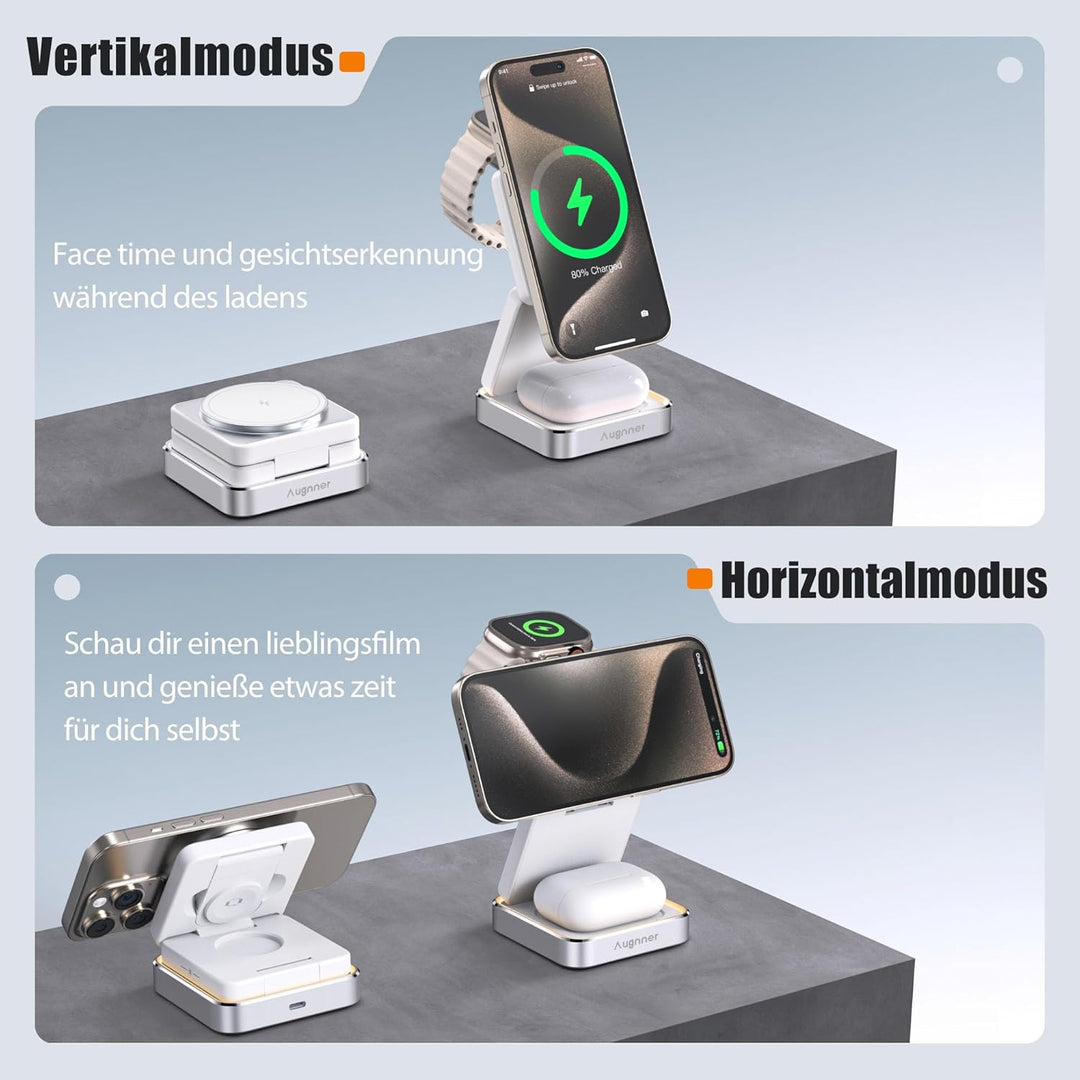 Ladestation Apple Watch und iPhone, 3 in 1 Apple MagSafe Ladegerät Faltbar Wireless Charger für Appl
