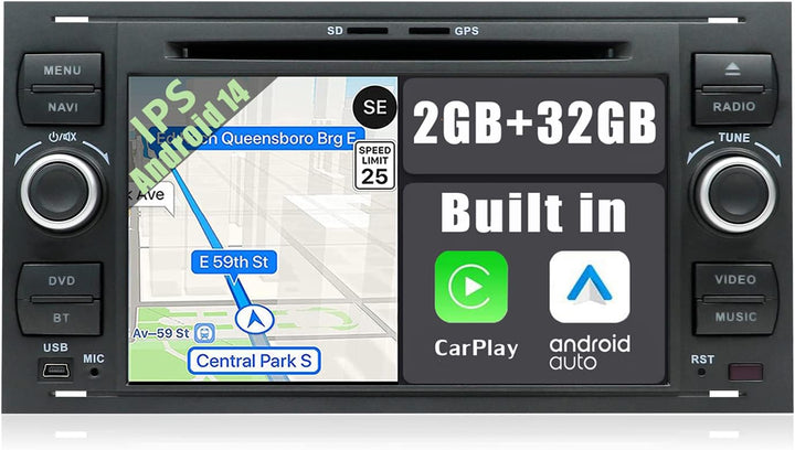 Android 14 Autoradio für Fiesta/Mondeo/Transit/Focus/Kuga-2 Din-[Integriertes Wireless CarPlay/Andro