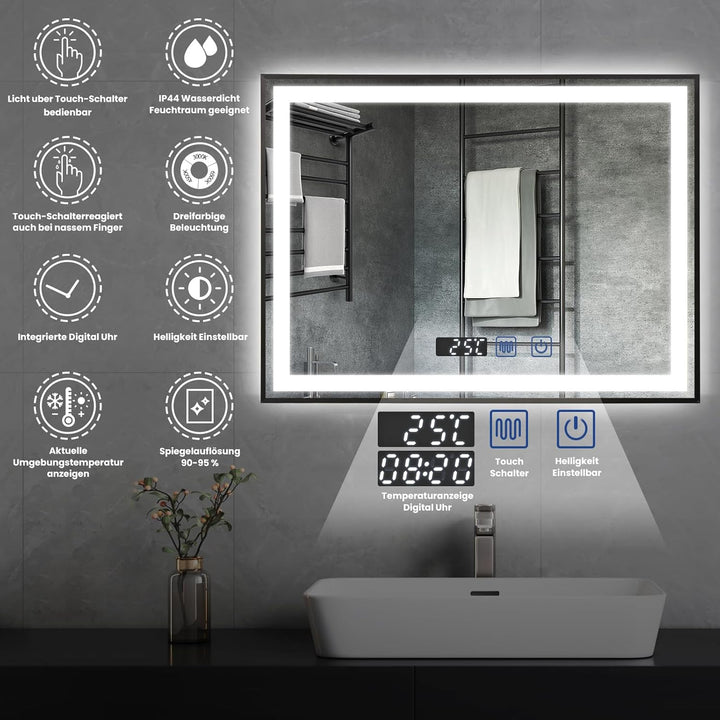 YOURLITE Badspiegel mit Beleuchtung 80x60cm, LED Spiegel Bad, 3 Lichtfarben dimmbar, Badezimmerspieg