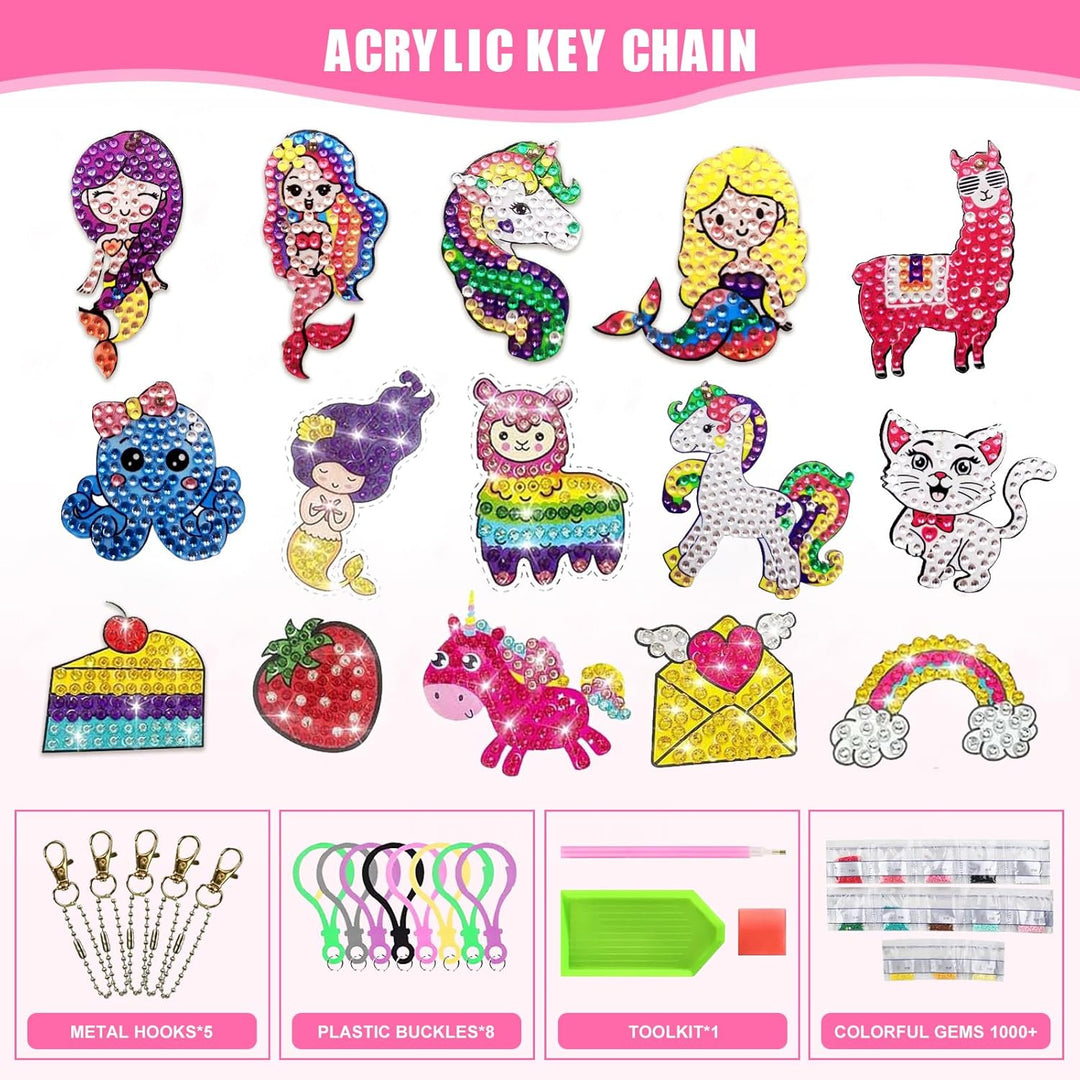 CAYUDEN Diamond Painting Kinder, 8pcs Doppelseitige 5D Diamond Painting Schlüsselanhänger + 15pcs Di