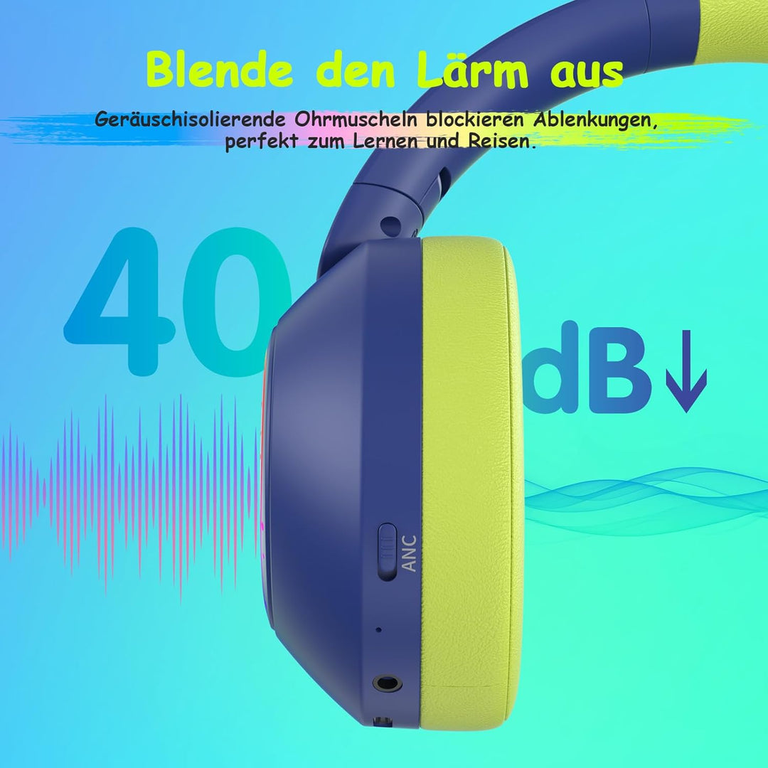 Noise Cancelling Kopfhörer Kinder, Kinderkopfhörer Bluetooth, Bunte RGB LED Leuchte, 60h Spielzeit,