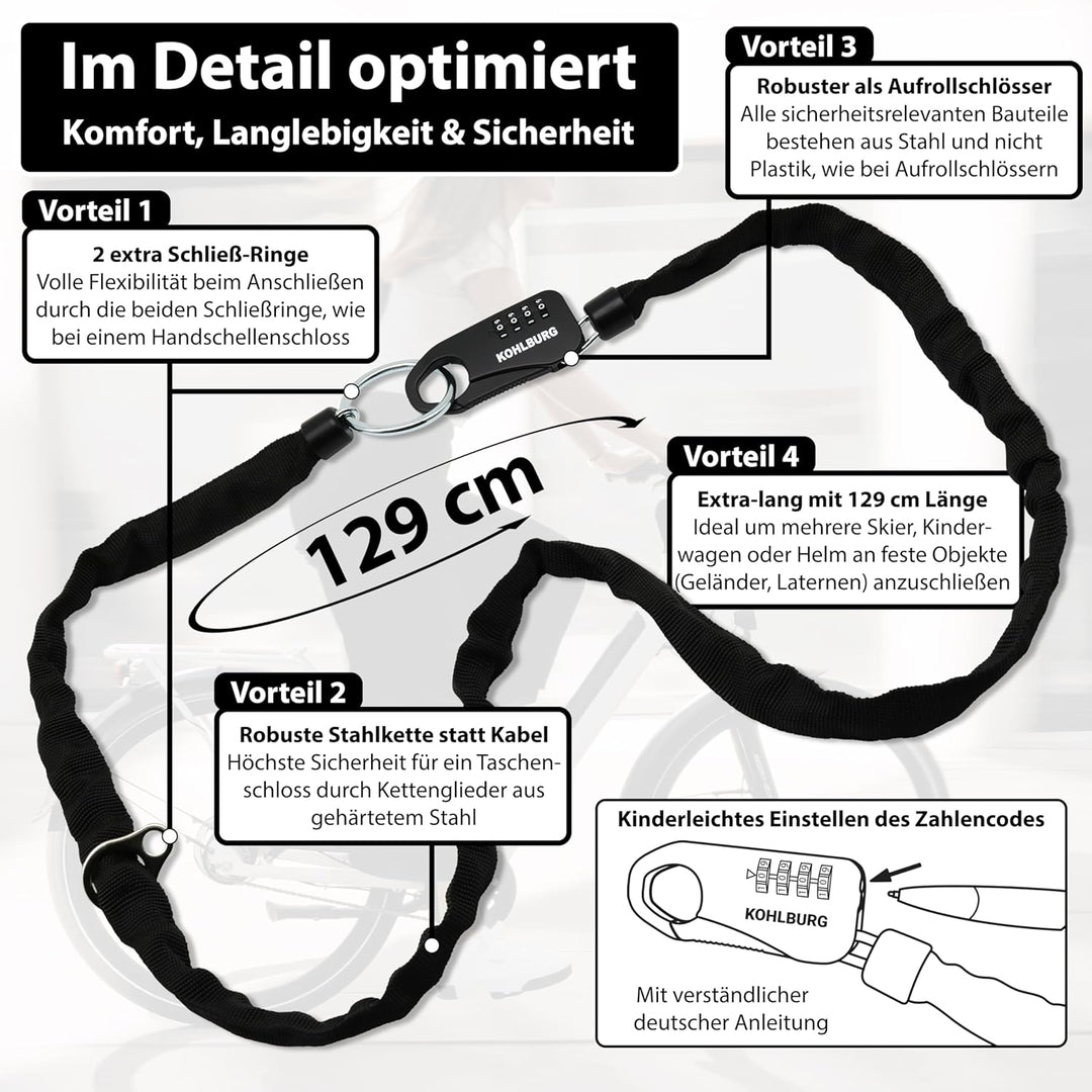 KOHLBURG sicheres Taschenschloss aus Kette & Zahlencode 129cm lang - robuste Sicherheit als Kinderwa