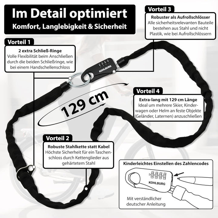 KOHLBURG sicheres Taschenschloss aus Kette & Zahlencode 129cm lang - robuste Sicherheit als Kinderwa