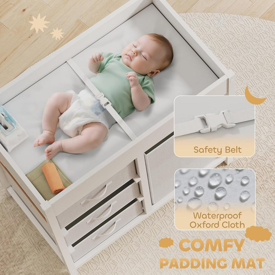 AIYAPLAY Wickeltisch mit 4 Schubladen, Wickelkommode für 0-12 Monate (max. 11kg), mit Matte, Säuglin