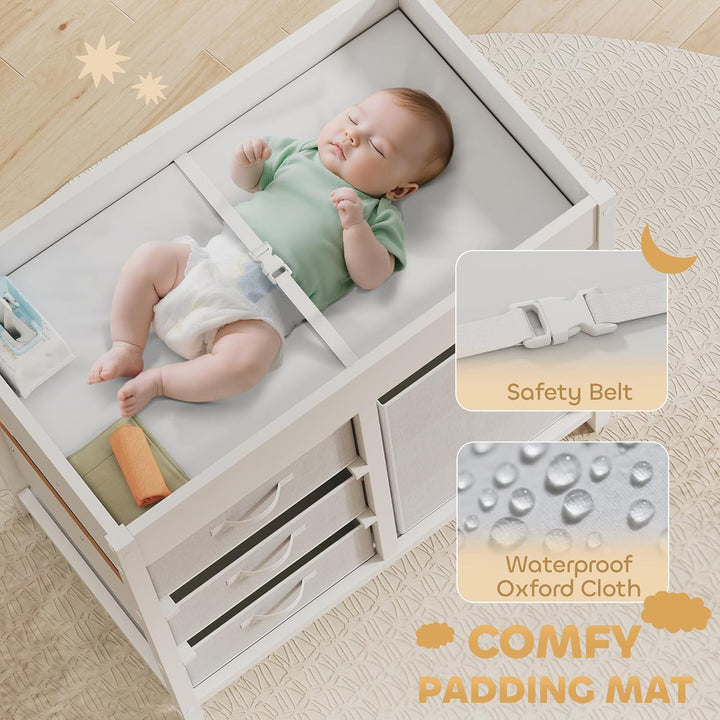 AIYAPLAY Wickeltisch mit 4 Schubladen, Wickelkommode für 0-12 Monate (max. 11kg), mit Matte, Säuglin