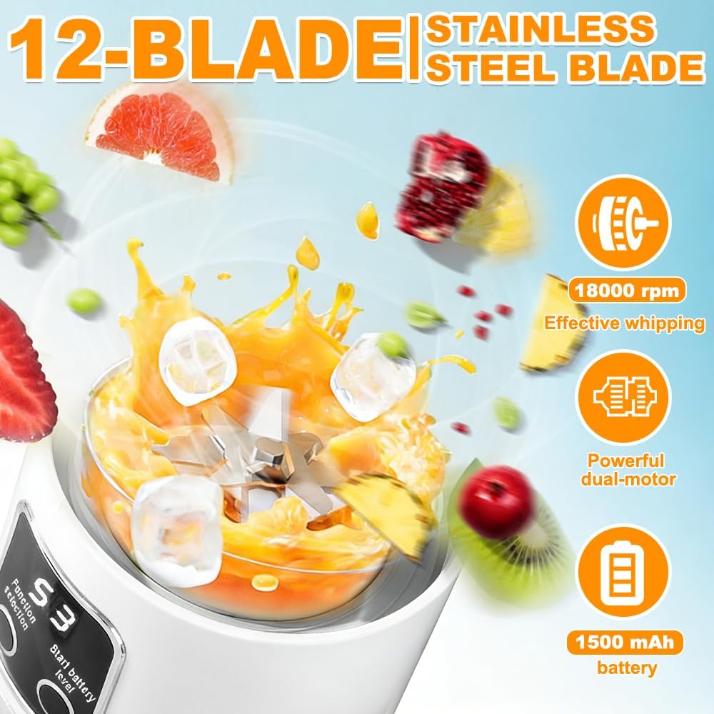 Tragbarer Mixer Smoothie Maker To Go, Pengrity 450 ML Portable Blender, mit LED Display, 12 Klingen,