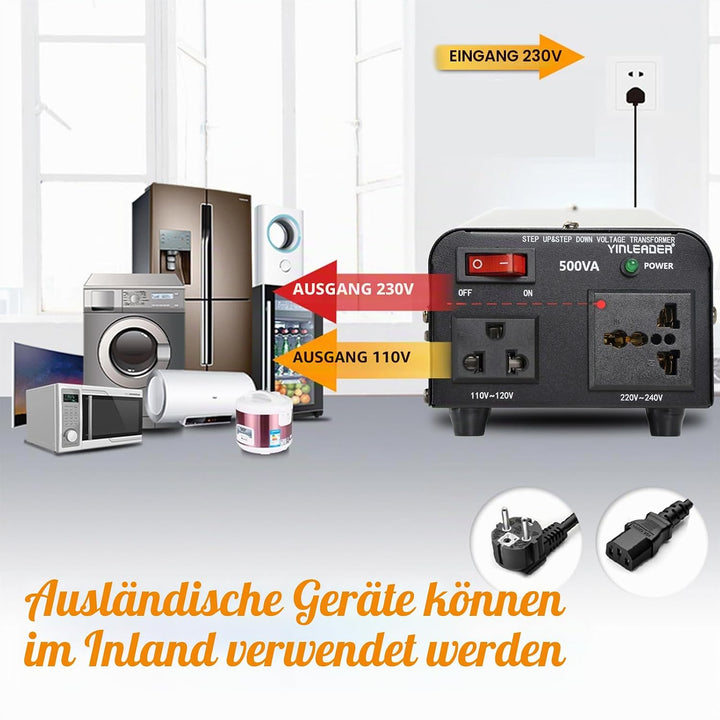 Yinleader 500VA 230V bis 110V USA Spannungswandler Ringkern-Transformator - In: 220V / Out: 110V und