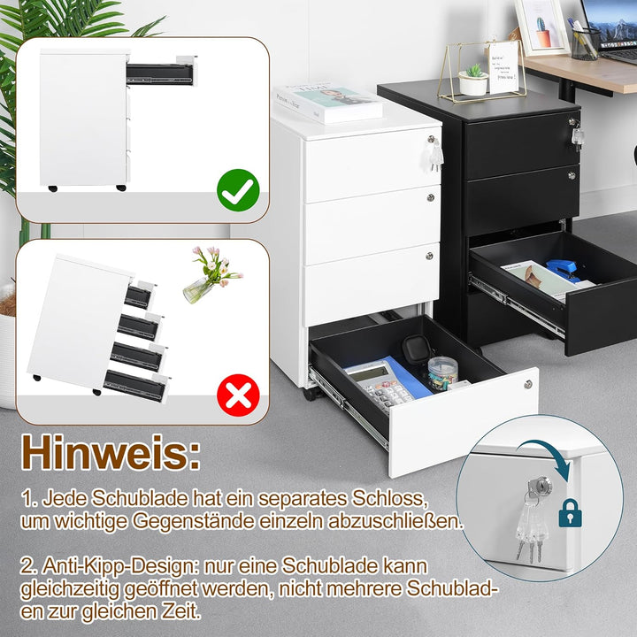 Rollcontainer, Mobiler Aktenschrank mit 4 Schlössern, 4 Schlüssel, 4 Schubladen, Rollcontainer Schre