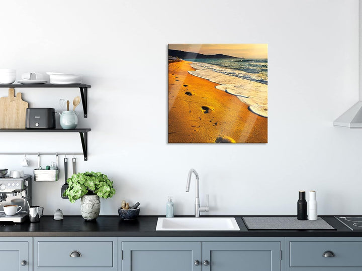 Glasbild | Wandbild auf Echtglas | Fussabdrücke im Strand | 50x50 cm | inkl. Aufhängung und Abstands