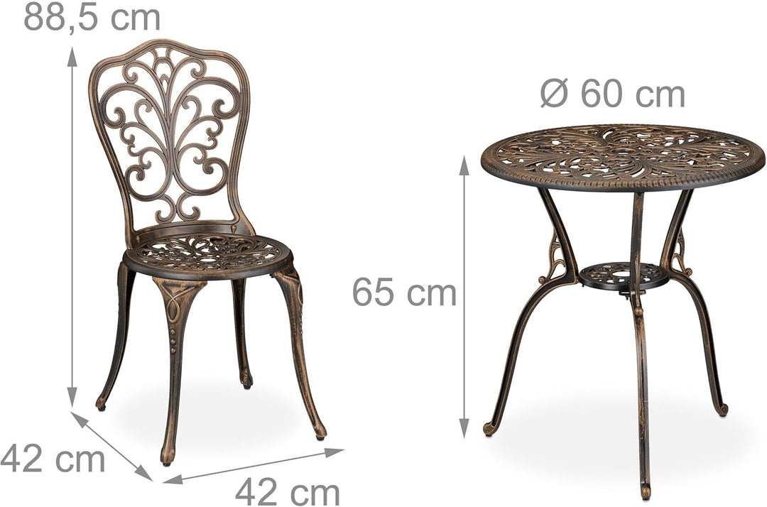 Relaxdays Gartenmöbel Set 3-teilig, Tisch, 2 Stühle, Aluguss, Balkonmöbel Antikdesign, Garten Sitzgr